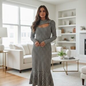 Elegant Long Sleeve Houndstooth Dress